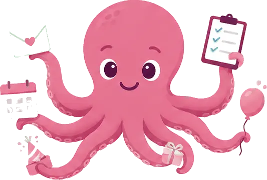 OctoVite mascot — a friendly octopus holding an invite, a checklist, a calendar, a balloon, a gift, and a party popper